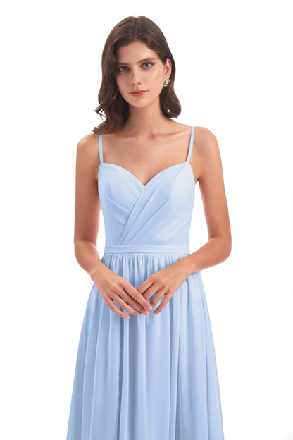 Kimora Spaghetti Straps Chiffon Long Bridesmaid Dresses with Slit