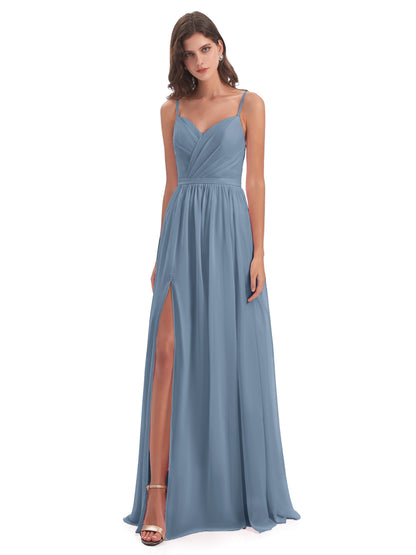 Kimora Spaghetti Straps Chiffon Long Bridesmaid Dresses with Slit