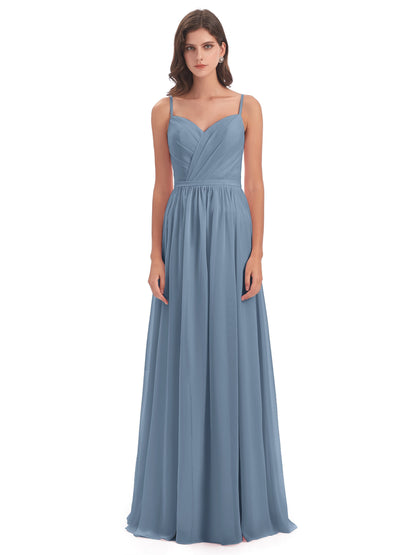 Kimora Spaghetti Straps Chiffon Long Bridesmaid Dresses with Slit