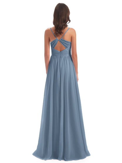 Kimora Spaghetti Straps Chiffon Long Bridesmaid Dresses with Slit
