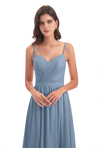 Kimora Spaghetti Straps Chiffon Long Bridesmaid Dresses with Slit