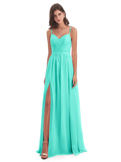 Kimora Spaghetti Straps Chiffon Long Bridesmaid Dresses with Slit