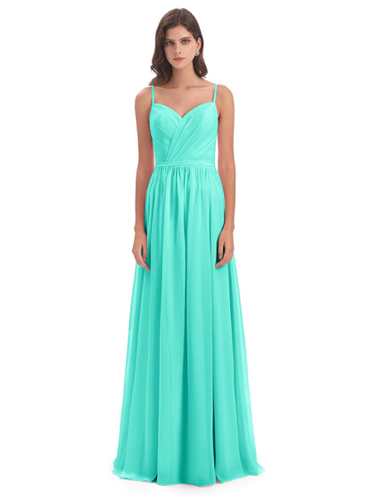 Kimora Spaghetti Straps Chiffon Long Bridesmaid Dresses with Slit