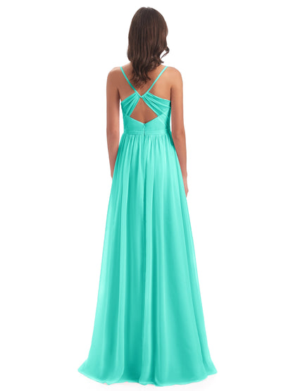 Kimora Spaghetti Straps Chiffon Long Bridesmaid Dresses with Slit