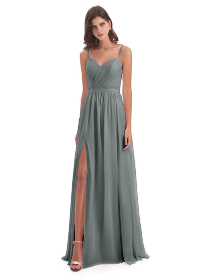 Kimora Spaghetti Straps Chiffon Long Bridesmaid Dresses with Slit