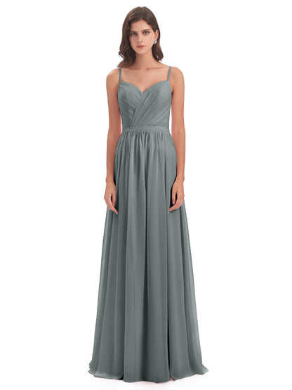 Kimora Spaghetti Straps Chiffon Long Bridesmaid Dresses with Slit