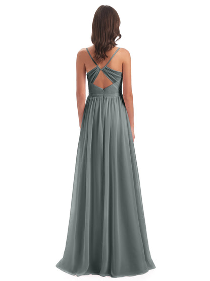 Kimora Spaghetti Straps Chiffon Long Bridesmaid Dresses with Slit