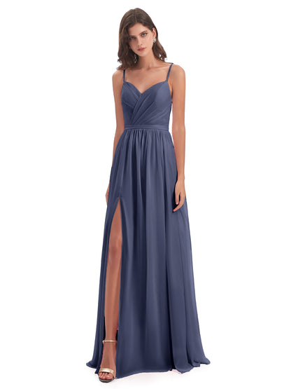 Kimora Spaghetti Straps Chiffon Long Bridesmaid Dresses with Slit
