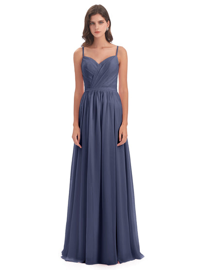 Kimora Spaghetti Straps Chiffon Long Bridesmaid Dresses with Slit