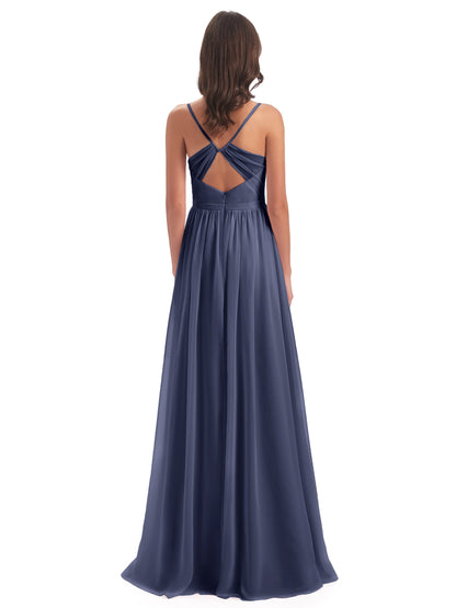 Kimora Spaghetti Straps Chiffon Long Bridesmaid Dresses with Slit