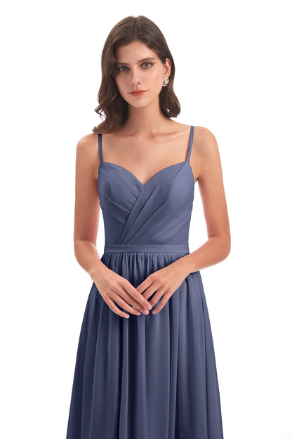 Kimora Spaghetti Straps Chiffon Long Bridesmaid Dresses with Slit