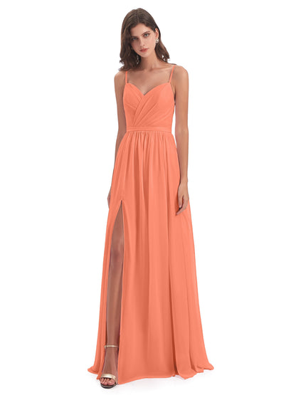 Kimora Spaghetti Straps Chiffon Long Bridesmaid Dresses with Slit