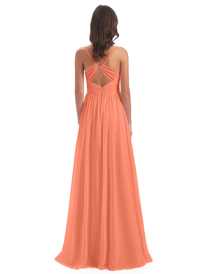 Kimora Spaghetti Straps Chiffon Long Bridesmaid Dresses with Slit