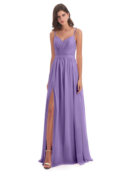 Kimora Spaghetti Straps Chiffon Long Bridesmaid Dresses with Slit