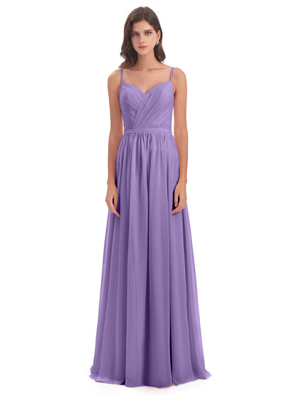 Kimora Spaghetti Straps Chiffon Long Bridesmaid Dresses with Slit