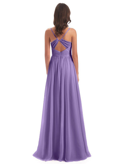 Kimora Spaghetti Straps Chiffon Long Bridesmaid Dresses with Slit
