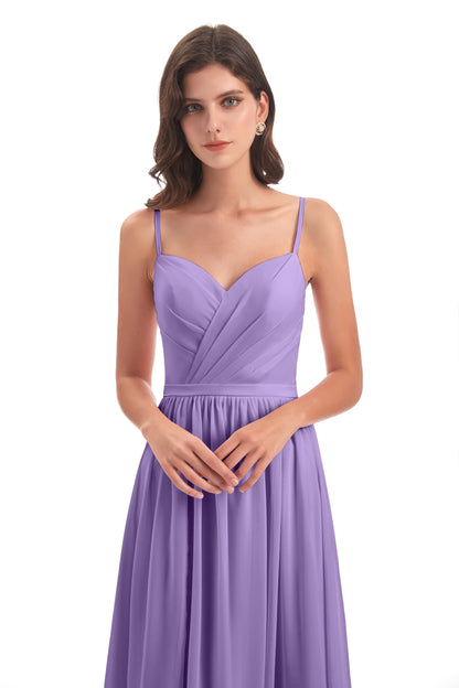 Kimora Spaghetti Straps Chiffon Long Bridesmaid Dresses with Slit