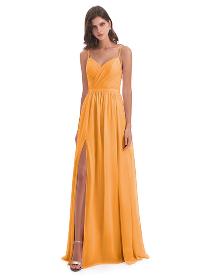 Kimora Spaghetti Straps Chiffon Long Bridesmaid Dresses with Slit