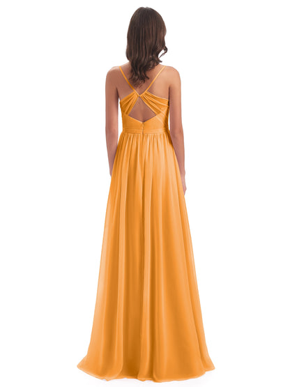 Kimora Spaghetti Straps Chiffon Long Bridesmaid Dresses with Slit