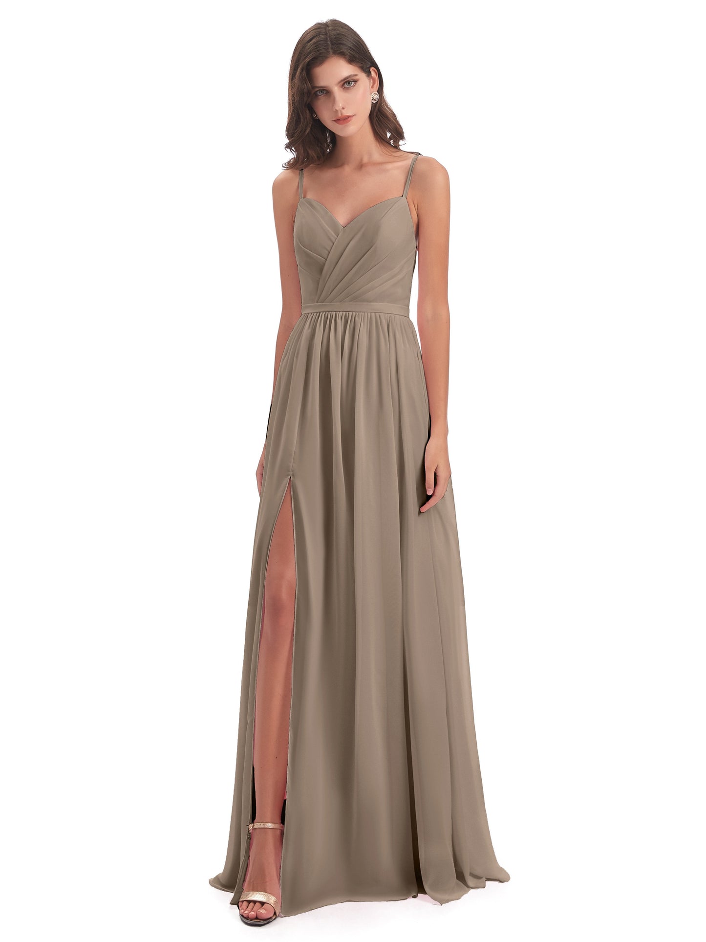 Kimora Spaghetti Straps Chiffon Long Bridesmaid Dresses with Slit