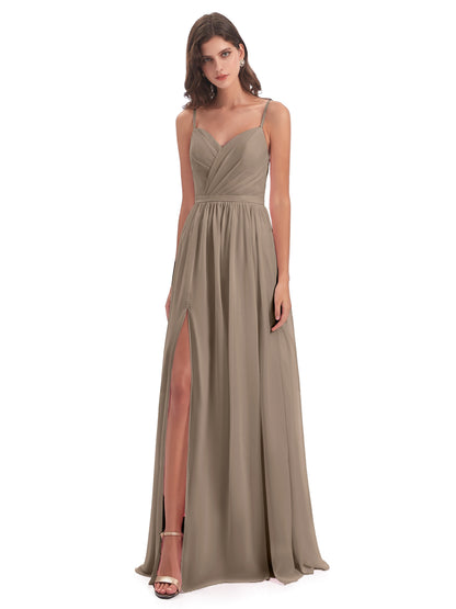 Kimora Spaghetti Straps Chiffon Long Bridesmaid Dresses with Slit