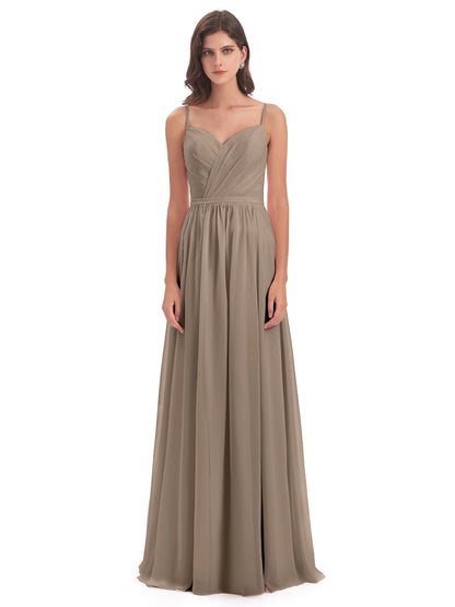 Kimora Spaghetti Straps Chiffon Long Bridesmaid Dresses with Slit