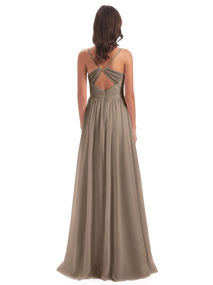 Kimora Spaghetti Straps Chiffon Long Bridesmaid Dresses with Slit