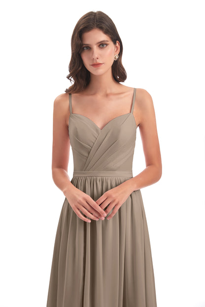 Kimora Spaghetti Straps Chiffon Long Bridesmaid Dresses with Slit
