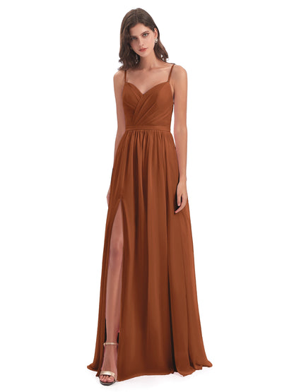Kimora Spaghetti Straps Chiffon Long Bridesmaid Dresses with Slit
