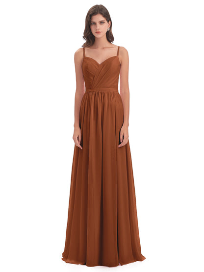 Kimora Spaghetti Straps Chiffon Long Bridesmaid Dresses with Slit