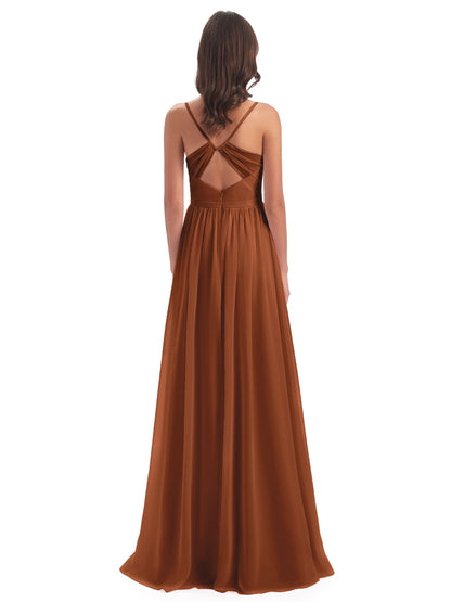 Kimora Spaghetti Straps Chiffon Long Bridesmaid Dresses with Slit