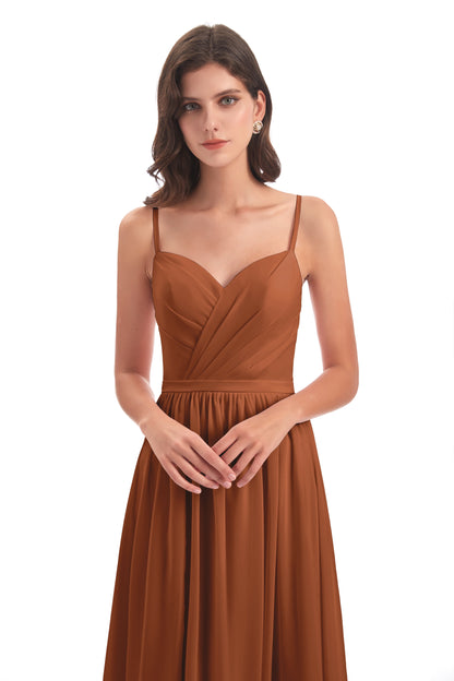 Kimora Spaghetti Straps Chiffon Long Bridesmaid Dresses with Slit