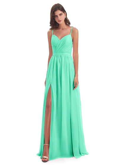Kimora Spaghetti Straps Chiffon Long Bridesmaid Dresses with Slit