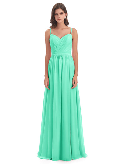 Kimora Spaghetti Straps Chiffon Long Bridesmaid Dresses with Slit