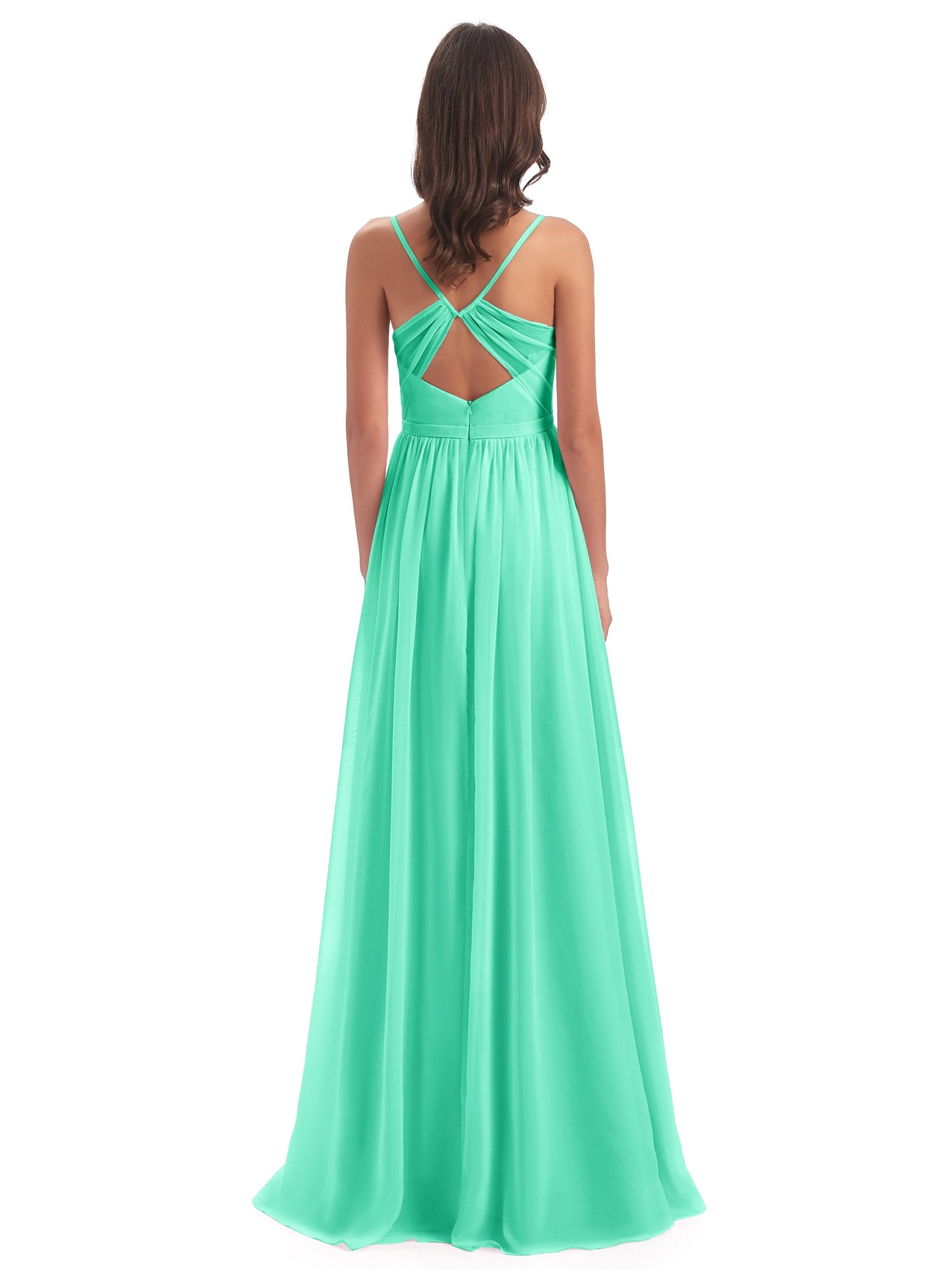 Kimora Spaghetti Straps Chiffon Long Bridesmaid Dresses with Slit