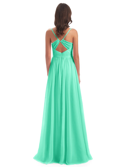 Kimora Spaghetti Straps Chiffon Long Bridesmaid Dresses with Slit
