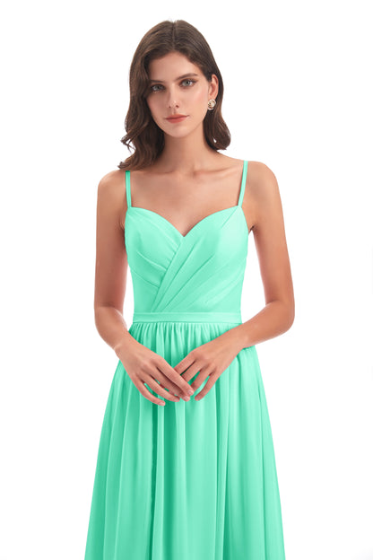 Kimora Spaghetti Straps Chiffon Long Bridesmaid Dresses with Slit