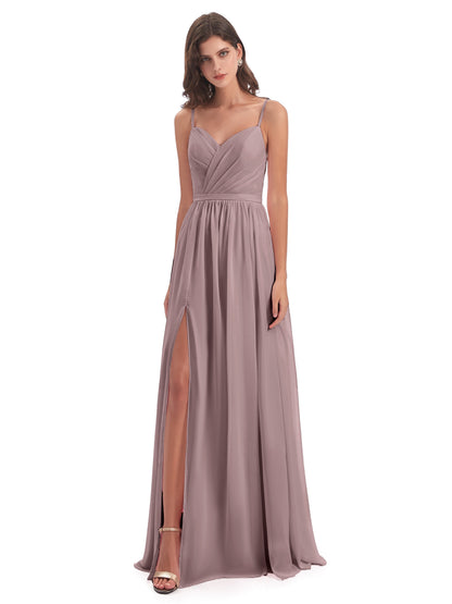 Kimora Spaghetti Straps Chiffon Long Bridesmaid Dresses with Slit