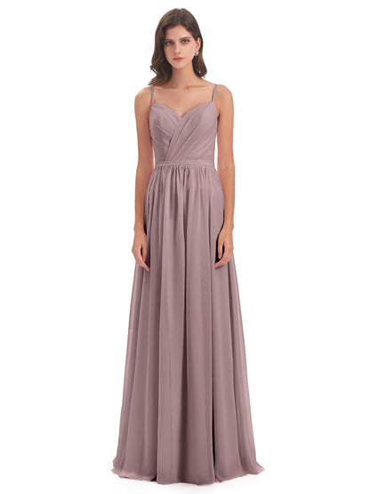 Kimora Spaghetti Straps Chiffon Long Bridesmaid Dresses with Slit