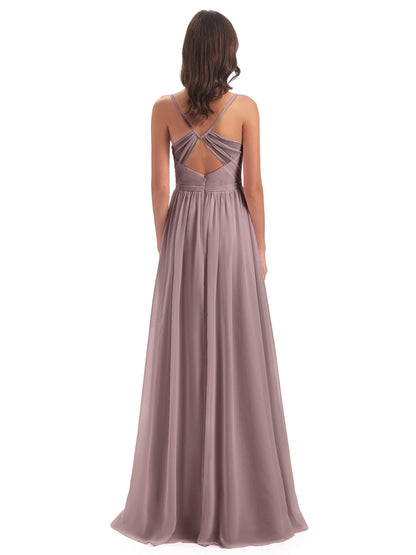 Kimora Spaghetti Straps Chiffon Long Bridesmaid Dresses with Slit