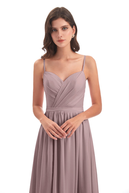Kimora Spaghetti Straps Chiffon Long Bridesmaid Dresses with Slit
