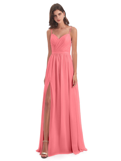 Kimora Spaghetti Straps Chiffon Long Bridesmaid Dresses with Slit