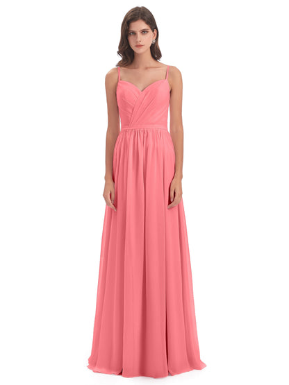 Kimora Spaghetti Straps Chiffon Long Bridesmaid Dresses with Slit