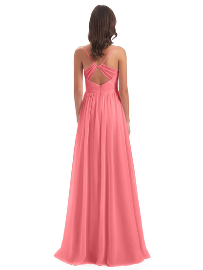 Kimora Spaghetti Straps Chiffon Long Bridesmaid Dresses with Slit