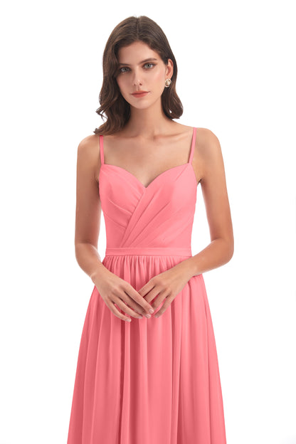Kimora Spaghetti Straps Chiffon Long Bridesmaid Dresses with Slit
