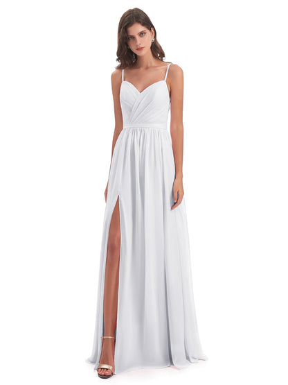 Kimora Spaghetti Straps Chiffon Long Bridesmaid Dresses with Slit