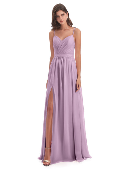Kimora Spaghetti Straps Chiffon Long Bridesmaid Dresses with Slit