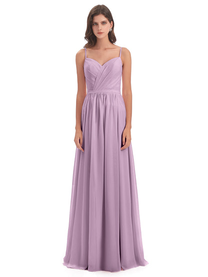 Kimora Spaghetti Straps Chiffon Long Bridesmaid Dresses with Slit