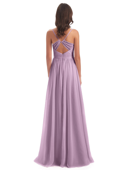 Kimora Spaghetti Straps Chiffon Long Bridesmaid Dresses with Slit