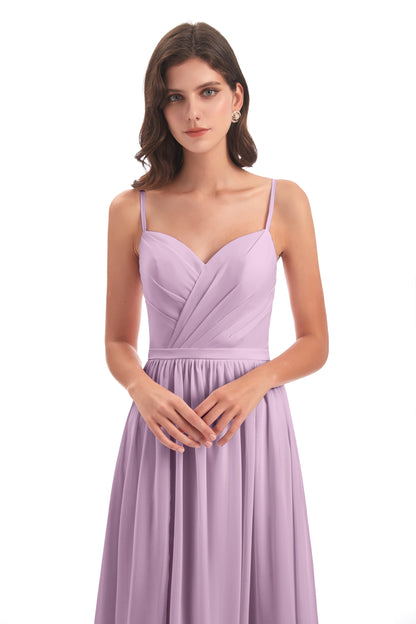 Kimora Spaghetti Straps Chiffon Long Bridesmaid Dresses with Slit